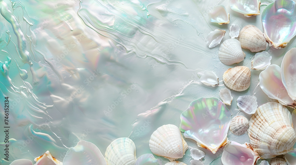 pearlescent white background with copy space and seashells pearlescent white background with copy space and seashells