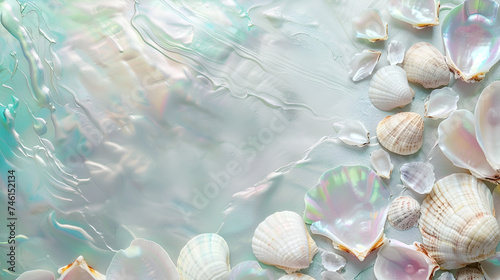 pearlescent white background with copy space and seashells