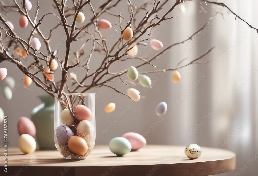 Tree branches decorated with Easter eggs in a vase in light colors Banner with copy space
