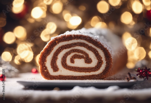 Traditional Christmas sponge roll Buche de Noel Against a background of blurry lights