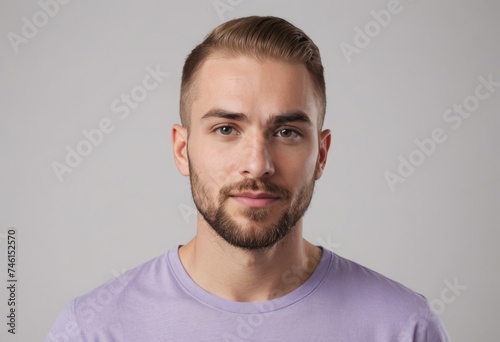 A serious man with a beard and a lilac shirt looks directly at the camera, his expression thoughtful.