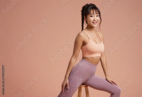 A fitness woman strikes a yoga pose in activewear. The warm peach backdrop complements her dynamic and healthy posture.