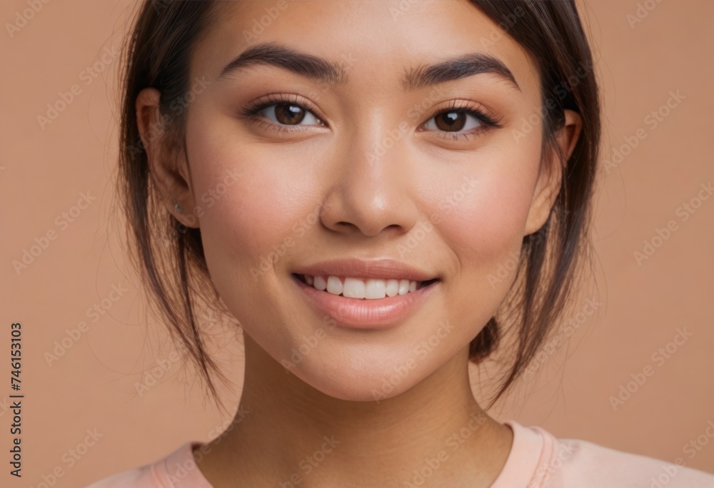 Close-up portrait of a smiling young woman. Her radiant beauty is highlighted with a warm peach background. Close-up portrait of a smiling young woman. Her radiant beauty is highlighted with a warm peach background.