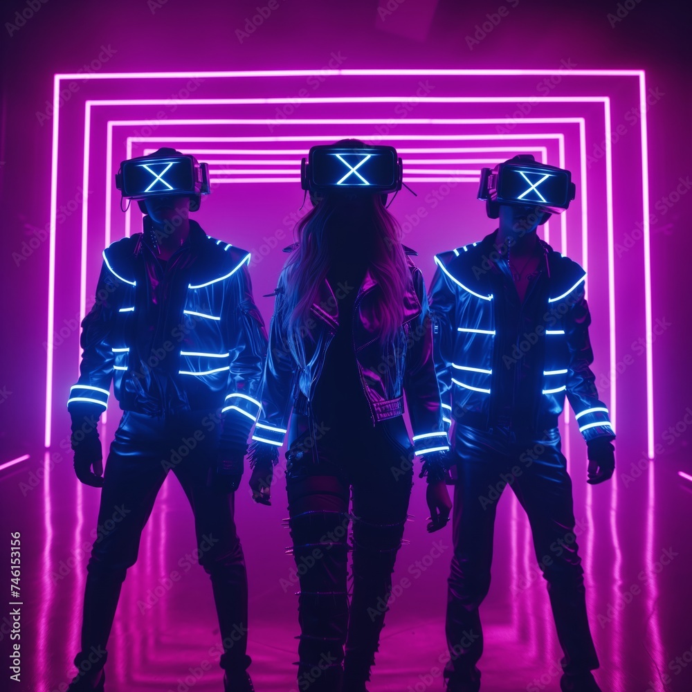 three beautiful girls in a neon background futuristic environment with VR headset three beautiful girls in a neon background futuristic environment with VR headset
