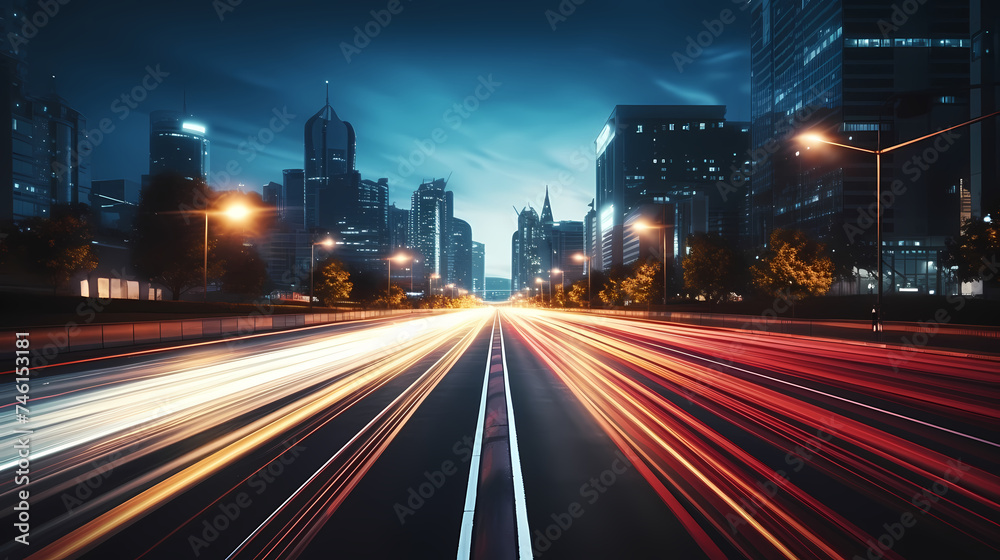 Abstract motion blur city, light trails in urban environment at night, urban movement concept