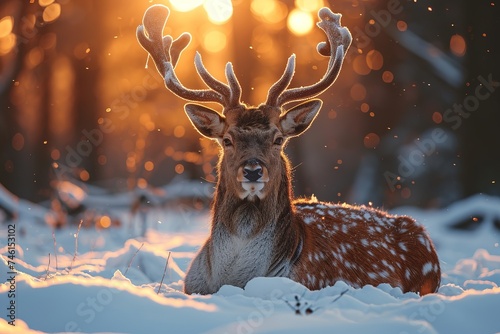Close up of a Red deer stag in the falling snow. Stag in nature on snow