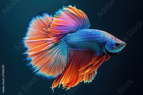 Siamese fish with flower tail and fins. Colorful floral fighting betta fish isolated on black. Amazing exotic floral tropical fish