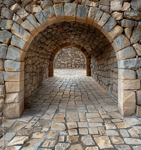 Stone blocks arranged in an elegant arch forming an imposing and harmonious ancient structure. Stone arch in architectural masterpiece and historic charm.