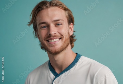 A cheerful man in a teal-collared shirt, his bright smile and casual look convey ease and friendliness.