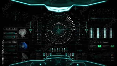 Digital display screen ship cockpit high technology hud motion background