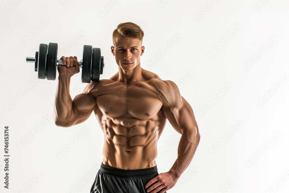 A fit, muscular man is captured mid-motion lifting a heavy dumbbell, showcasing his well-defined muscles against a white background.
