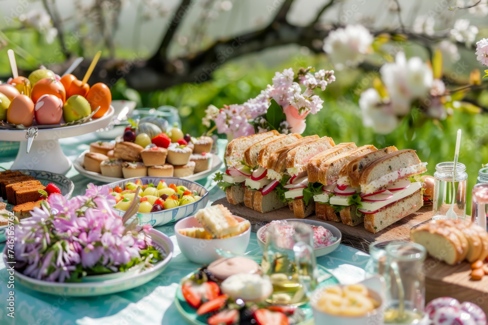 Sumptuous Spring Picnic Spread with Sandwiches, Fruit, and Flowers Under Blossom Trees