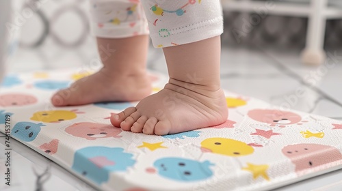 A non-slip children's bathroom rug features a vibrant and playful cartoon design. Baby feet on an adorable rug with bright colors and soft texture.