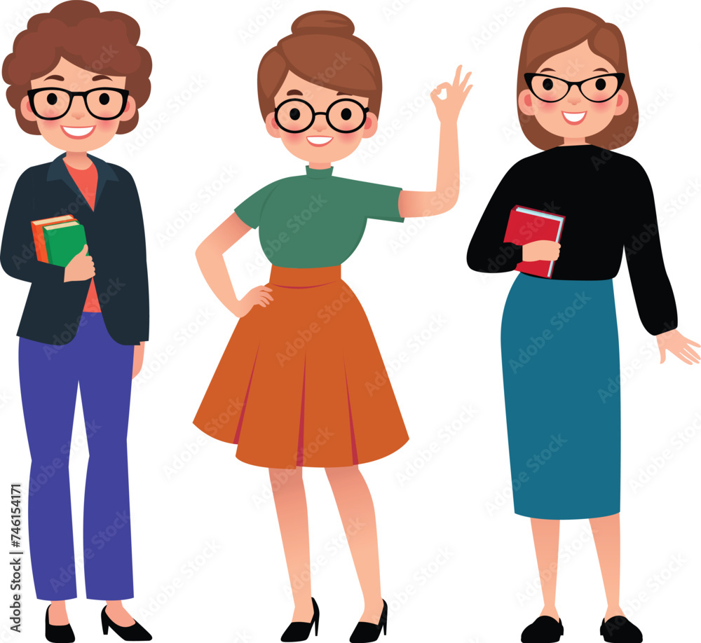 Set of vector cartoon women teacher in different poses Stock Illustration