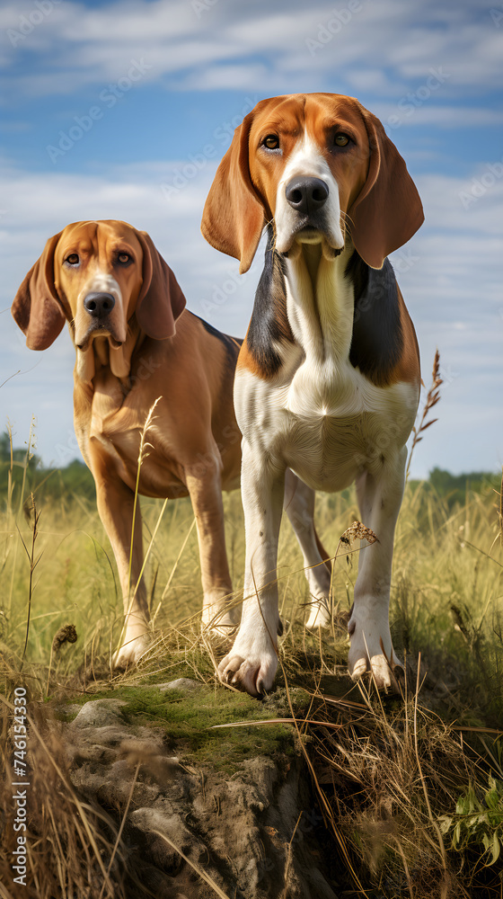 Engrossed Hound Dogs Exploring in a Nature-Based Landscape: An Instant of Canine Curiosity