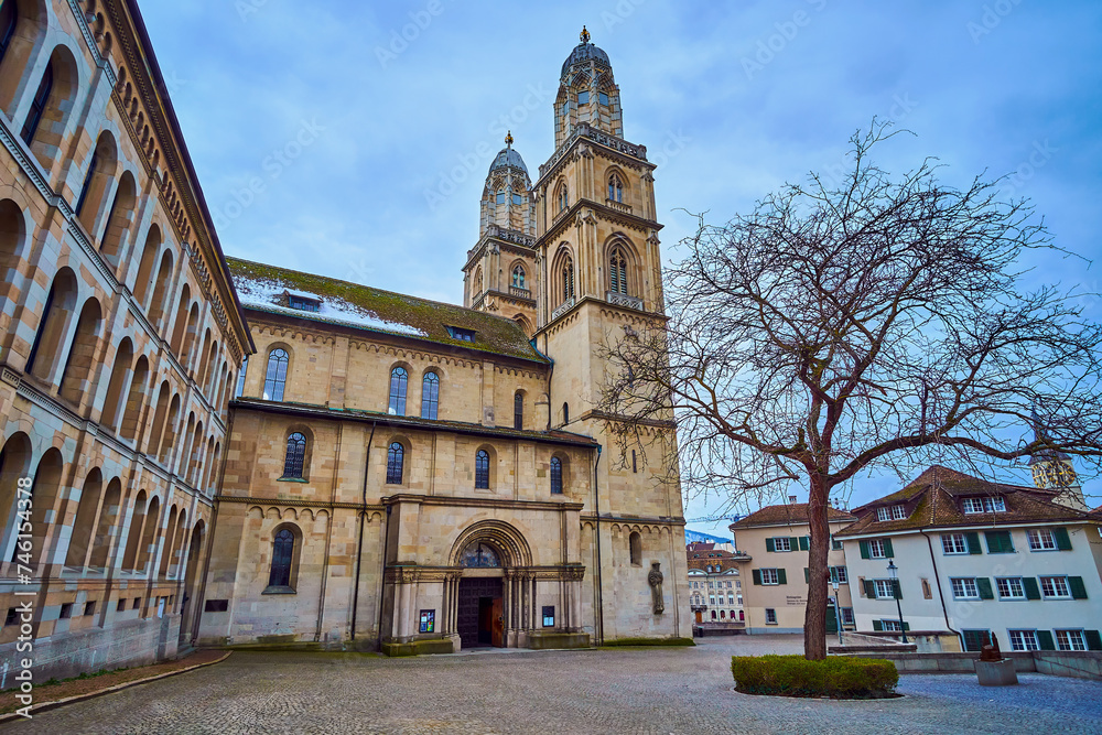 Stunning Grossmunster church with the entrance on Zwingliplatz square, Zurich, Switzerland