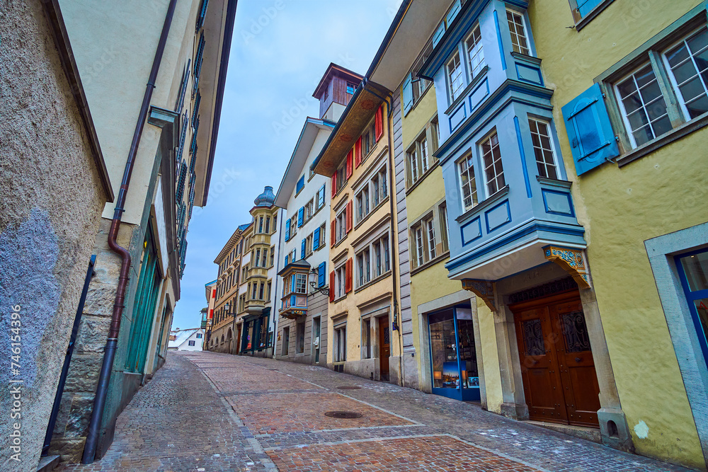 Walk down along Kirchgasse street, the old part of Zurich, Switzerland