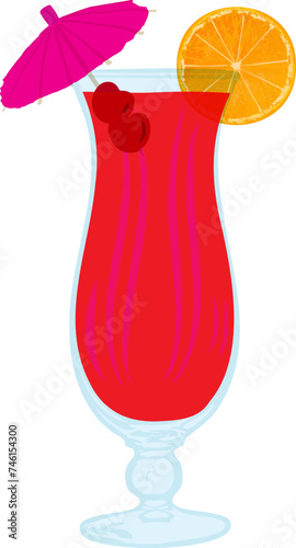 illustrated bright red cocktail drink in a hurricane glass garnished with an orange slice, cherries, and a cocktail umbrella, drink, 