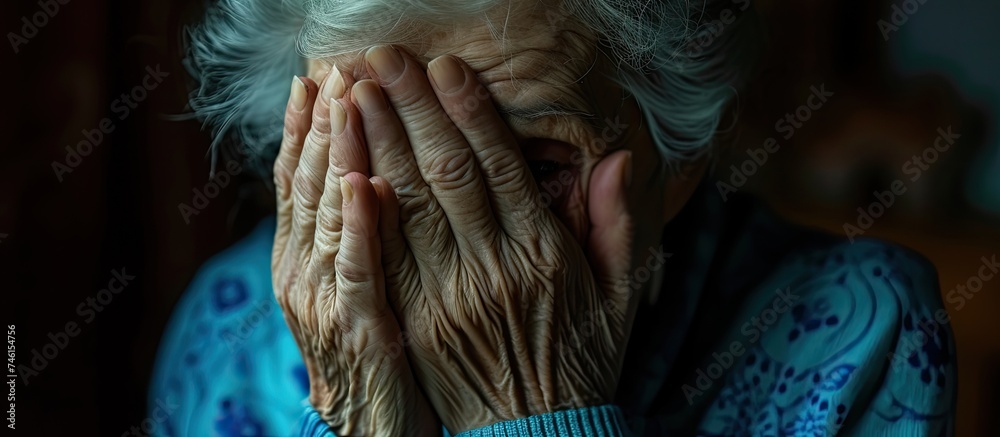 A distressed elderly woman in her 60s covering her face in despair upon hearing distressing health news. A distressed elderly woman in her 60s covering her face in despair upon hearing distressing health news.