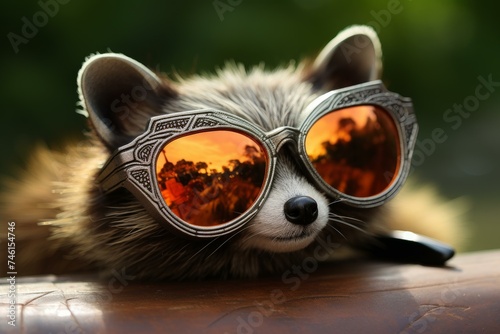 Chic Raccoon sunglasses. Success cute vacation. Generate Ai © juliars