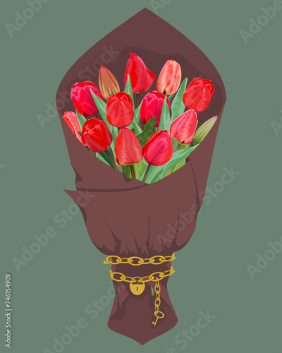 A bouquet of red tulips in brown paper with a gold chain, lock and key on a dark green background