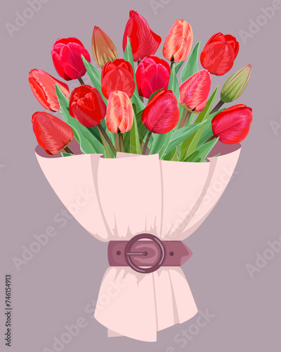 Bouquet of red tulips in powder paper with a strap on a lilac background 