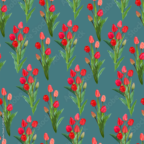 Seamless pattern with bouquets of red tulips on a blue background 
