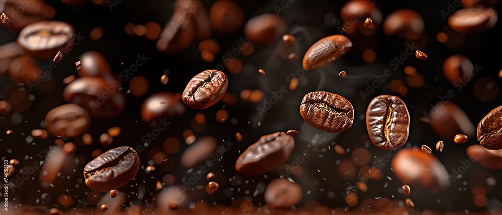 Coffee beans in flight on a dark background Coffee beans in flight on a dark background