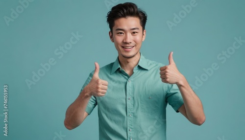 A friendly man in a teal shirt poses with two thumbs-up, showing enthusiasm and agreeability.