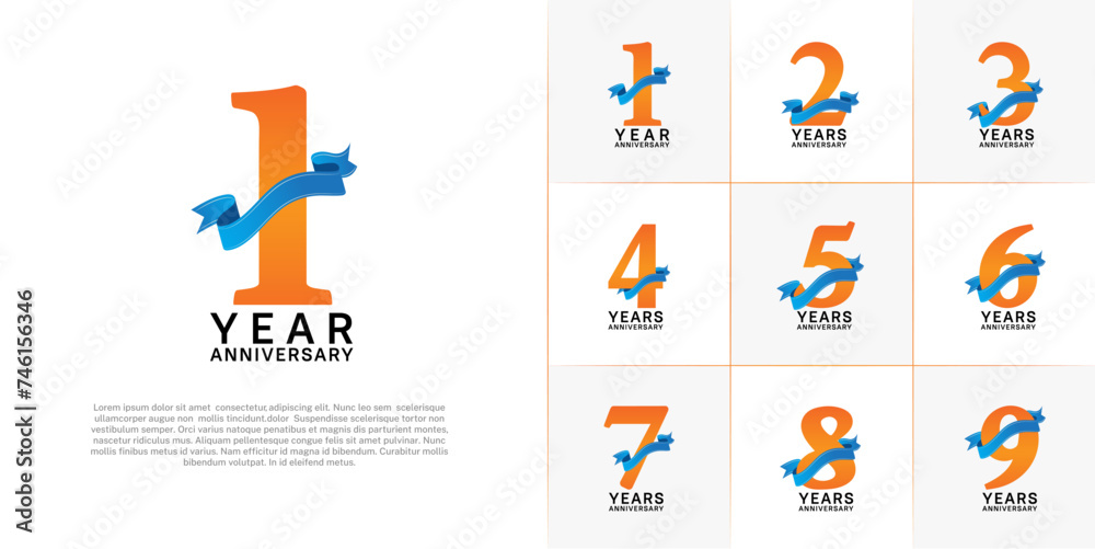 Set of Anniversary Logotype orange color with blue ribbon can be use for special day celebration