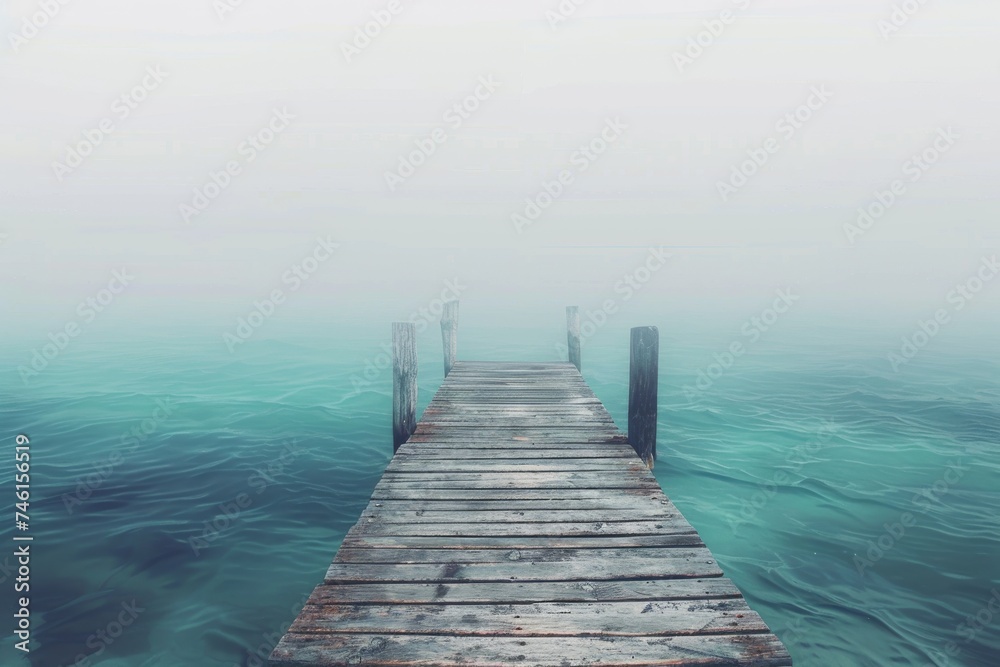 Wooden pier leading into misty sea