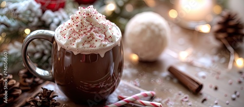 A cup of hot chocolate topped with a generous dollop of whipped cream and colorful sprinkles, creating a festive and comforting winter drink.