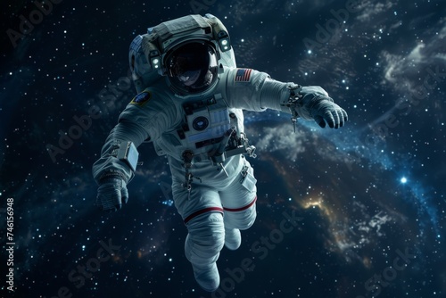 Astronaut floating among stars and cosmic dust