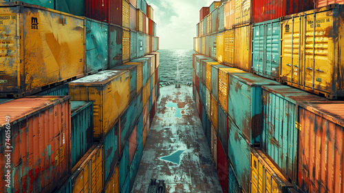 Weathered shipping containers stacked on a ship navigating the ocean at dusk.