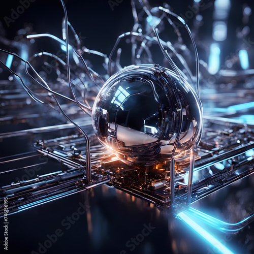 Metal ball and metal parts with neon glow. Abstract background for design on the topic of cyberspace, big data, metaverse, AI, network security, data transfer, on dark virtual reality background