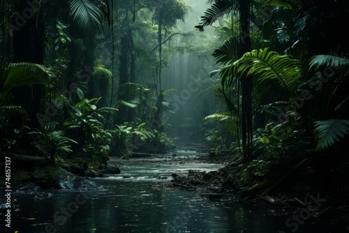 Lush Jungle rain forest. Green wild nature. Generate Ai © juliars