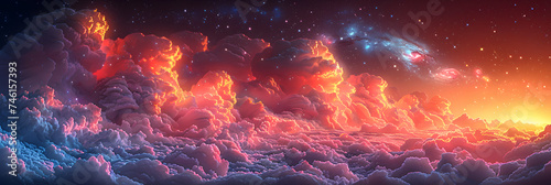 Abstract cloud illuminated with neon light, Space background with nebula and fictional planets.