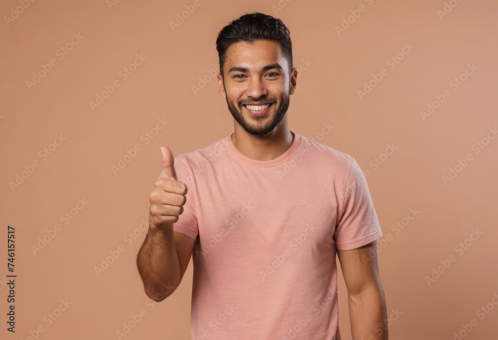 A man in a pink t-shirt smiles and gives a thumbs-up, radiating casual charm and positivity. A man in a pink t-shirt smiles and gives a thumbs-up, radiating casual charm and positivity.