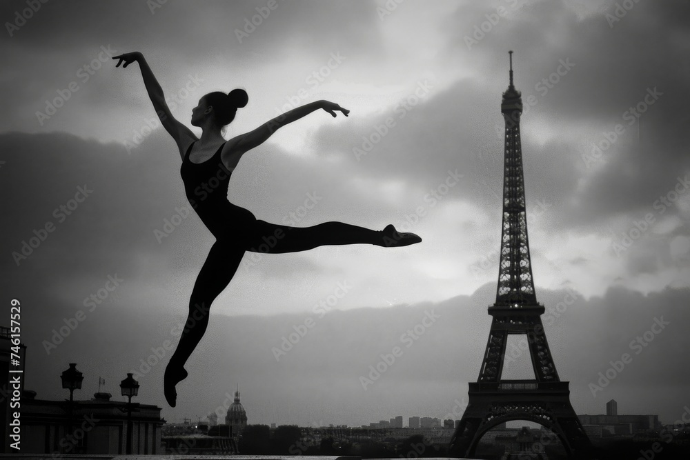 Fototapeta premium Gymnast leaping by the Eiffel Tower, black and white image