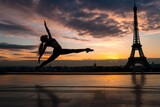 Gymnast stretching at sunset by the Eiffel Tower
