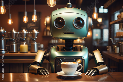 Cute realistic robot barista working in a coffee shop. 3d high quality illustration.