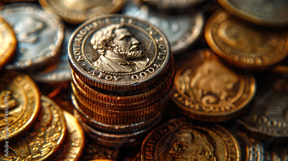 A Pile of Coins with Various Denominations and Symbols A Pile of Coins with Various Denominations and Symbols