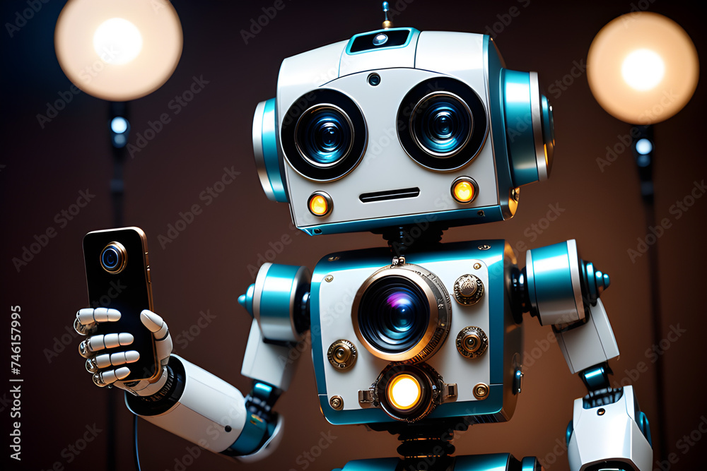 Сute realistic robot holds a phone in his hands and shows it to the viewer Сute realistic robot holds a phone in his hands and shows it to the viewer