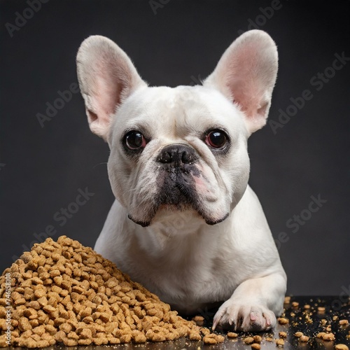 Portrait of a white French Bulldog on a dark or black background with dry dog ​​food.  © Rmcarvalhobsb