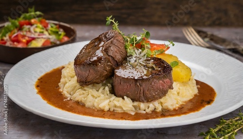 Tenderloin steak with Madeira sauce. Risotto to accompany. 