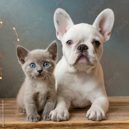 A cat puppy and a French bulldog puppy. Looking at the camera. 