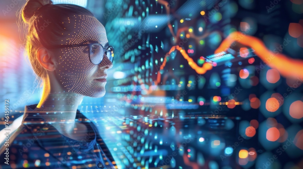 Woman Viewing Digital Algorithm in a Futuristic Style Woman Viewing Digital Algorithm in a Futuristic Style