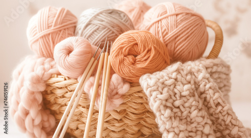 Colorful yarn balls and knitting needles in a basket, indicating a cozy crafting theme.