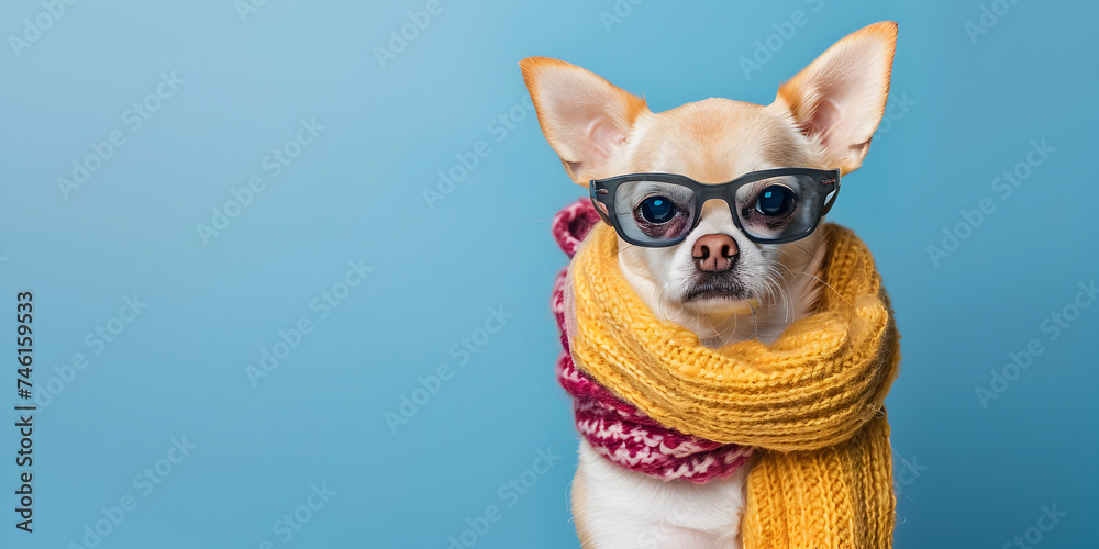 Fototapeta premium Cute puppy wearing eyeglasses, looking at camera with humor.