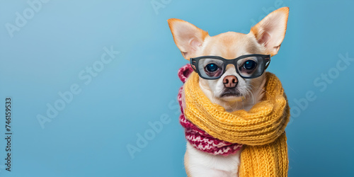  Cute puppy wearing eyeglasses, looking at camera with humor. © hamzarao